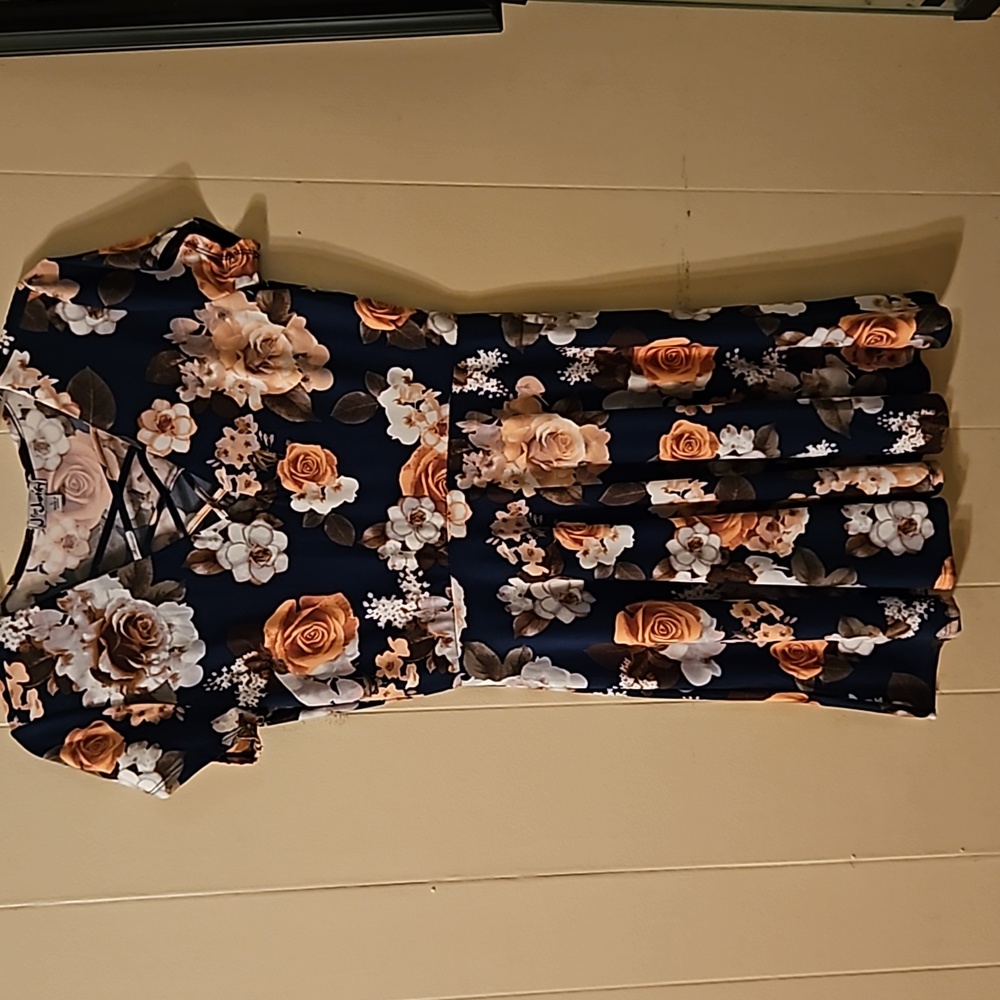 Navy, pink and white floral print dress. Size Medium.